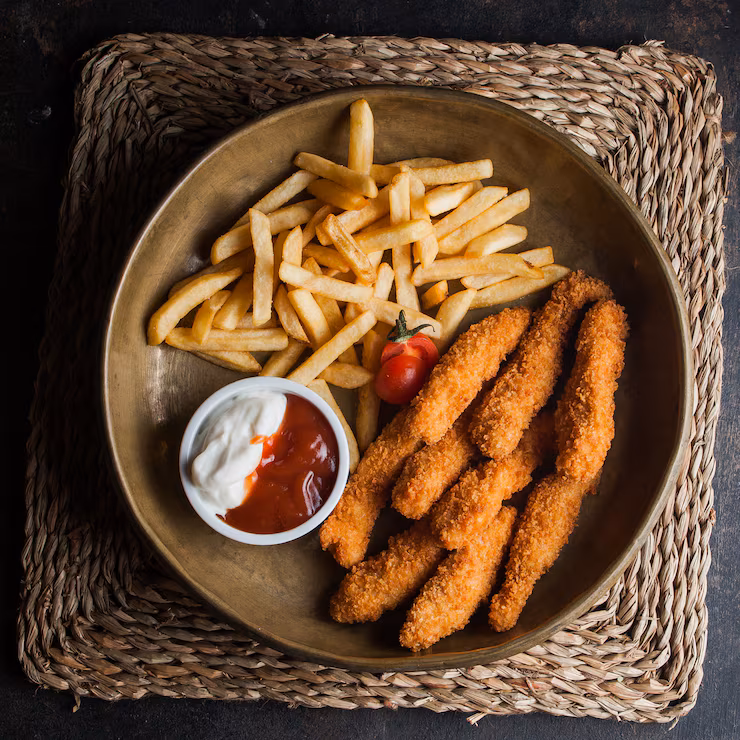 top-view-chicken-nuggets with french fries tomato sous clay dish